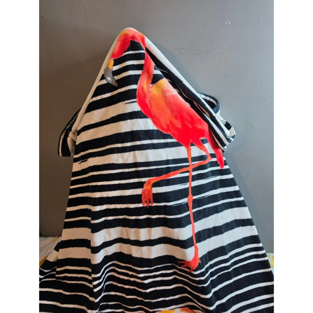 Nicole Miller Home Flamingo Beach Towel Black White Striped 100% Cotton 60x34